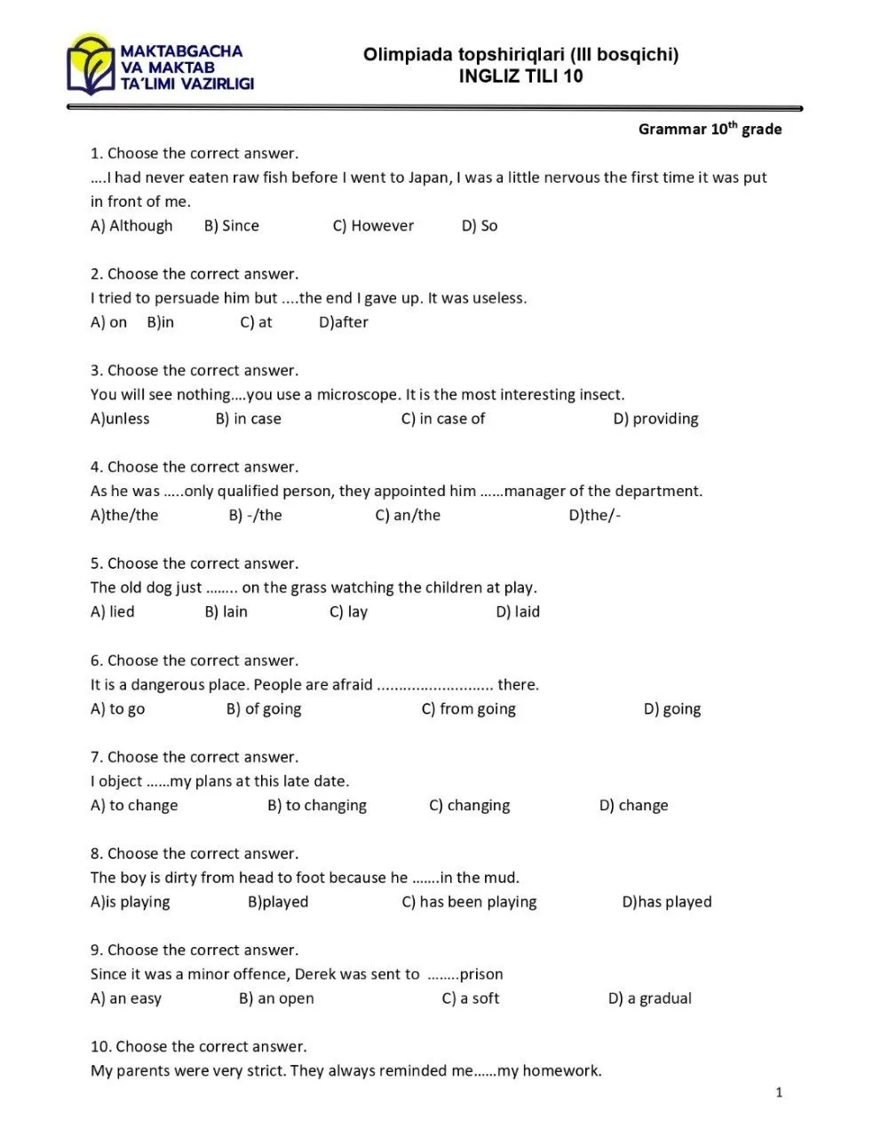 2024 йилги асосий олимпиаданинг ҳудудий босқичи инглиз тилидан 9-синфлар учун топшириқлар тўплами