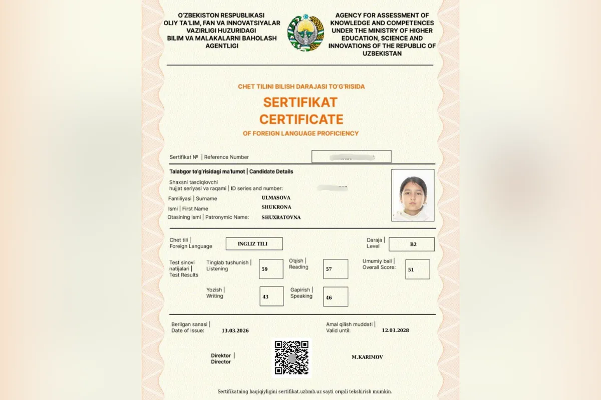 Atigi 1,5 yilda B2 natija: yana bir 6-sinf o‘quvchisi CEFR B2 sertifikatiga ega bo‘ldi