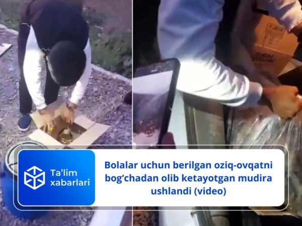 Bolalar uchun berilgan oziq-ovqatni bog‘chadan olib ketayotgan mudira ushlandi (video)