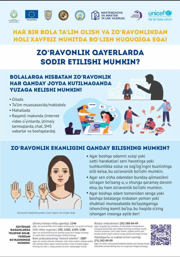 Bolalarni zo‘ravonlikdan himoya qilish bo‘yicha maktablar uchun maxsus posterlar ishlab chiqildi