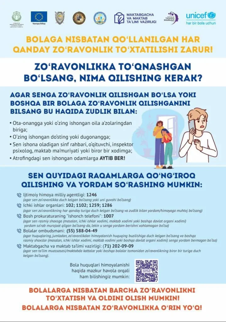 Bolalarni zo‘ravonlikdan himoya qilish bo‘yicha maktablar uchun maxsus posterlar ishlab chiqildi
