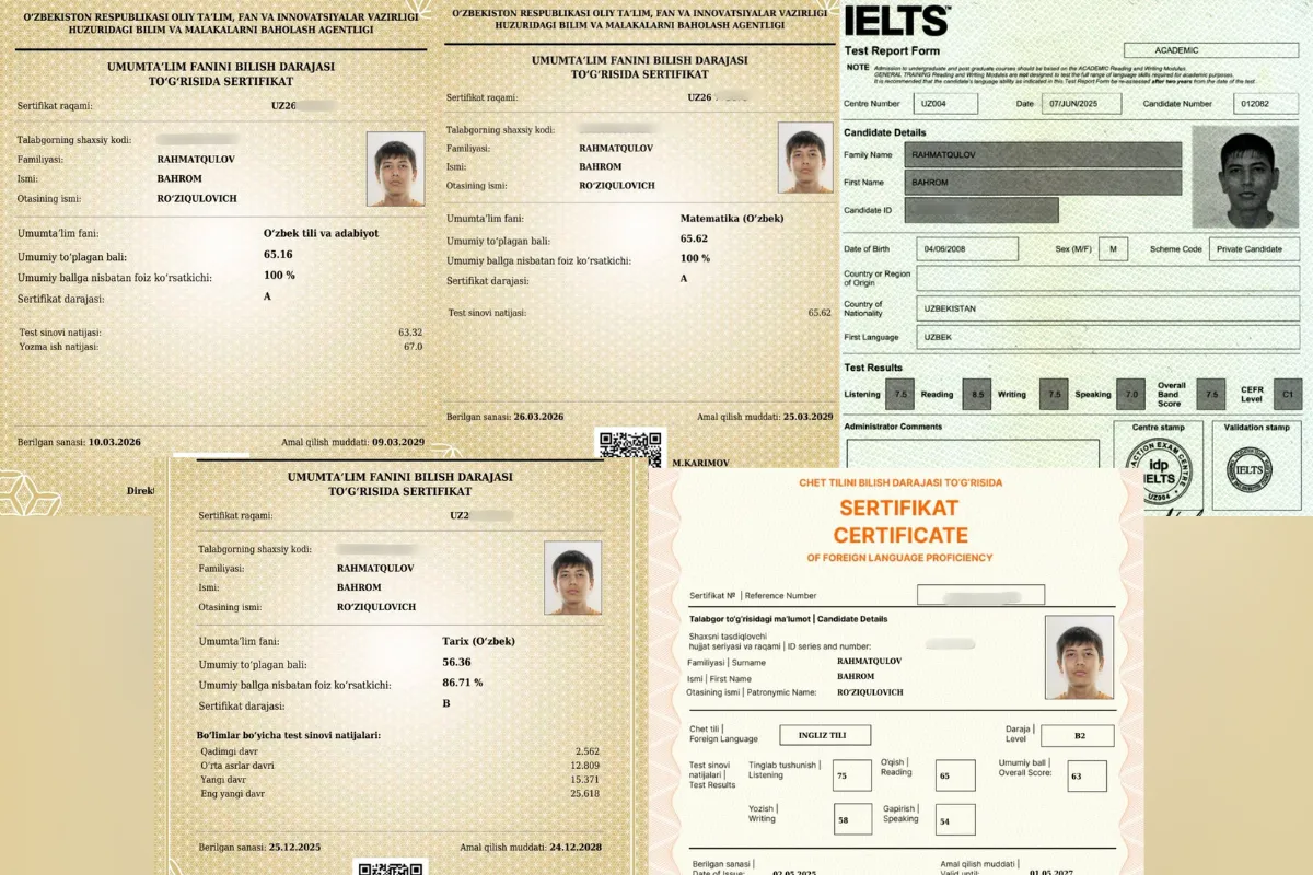Surxondaryolik abituriyent IELTS 7.5 va yana bir necha sertifikatlar olib, muddatidan oldin 189 ball to‘pladi