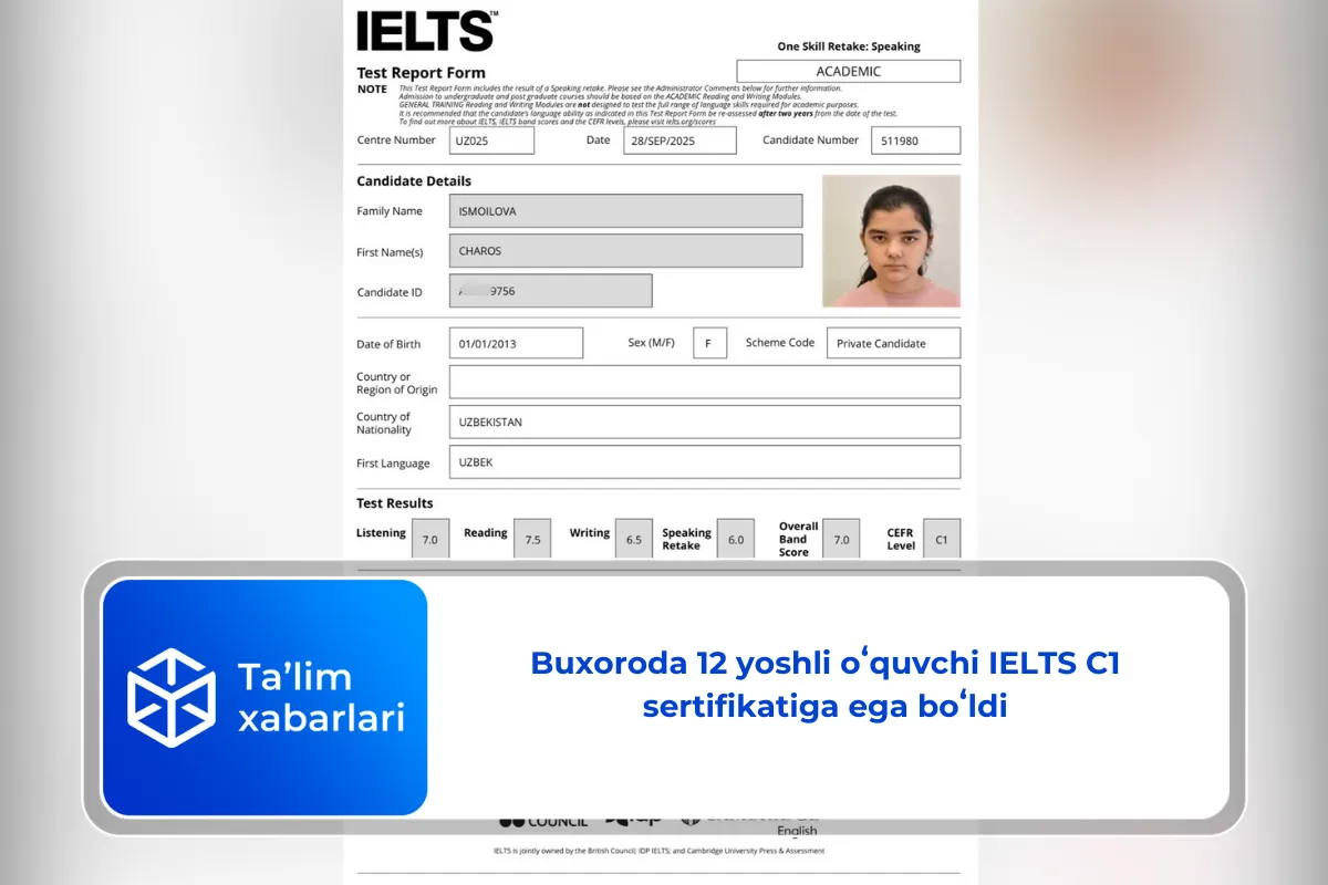 Buxoroda 12 yoshli oʻquvchi IELTS C1 sertifikatiga ega boʻldi