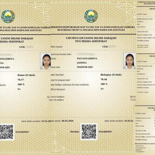 Kimyo va biologiya A+: Toshkentda 10-sinf bitiruvchisi muddatidan bir yil avval 189 ballni naqd qildi