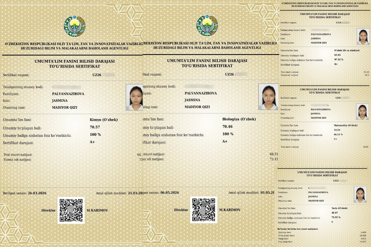 Kimyo va biologiya A+: Toshkentda 10-sinf bitiruvchisi muddatidan bir yil avval 189 ballni naqd qildi