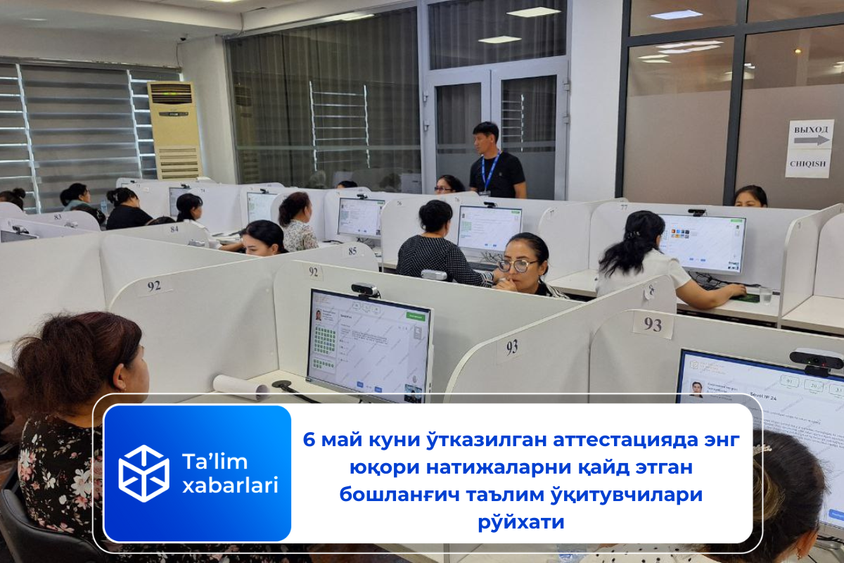 6 май куни ўтказилган аттестацияда энг юқори натижаларни қайд этган бошланғич таълим ўқитувчилари рўйхати