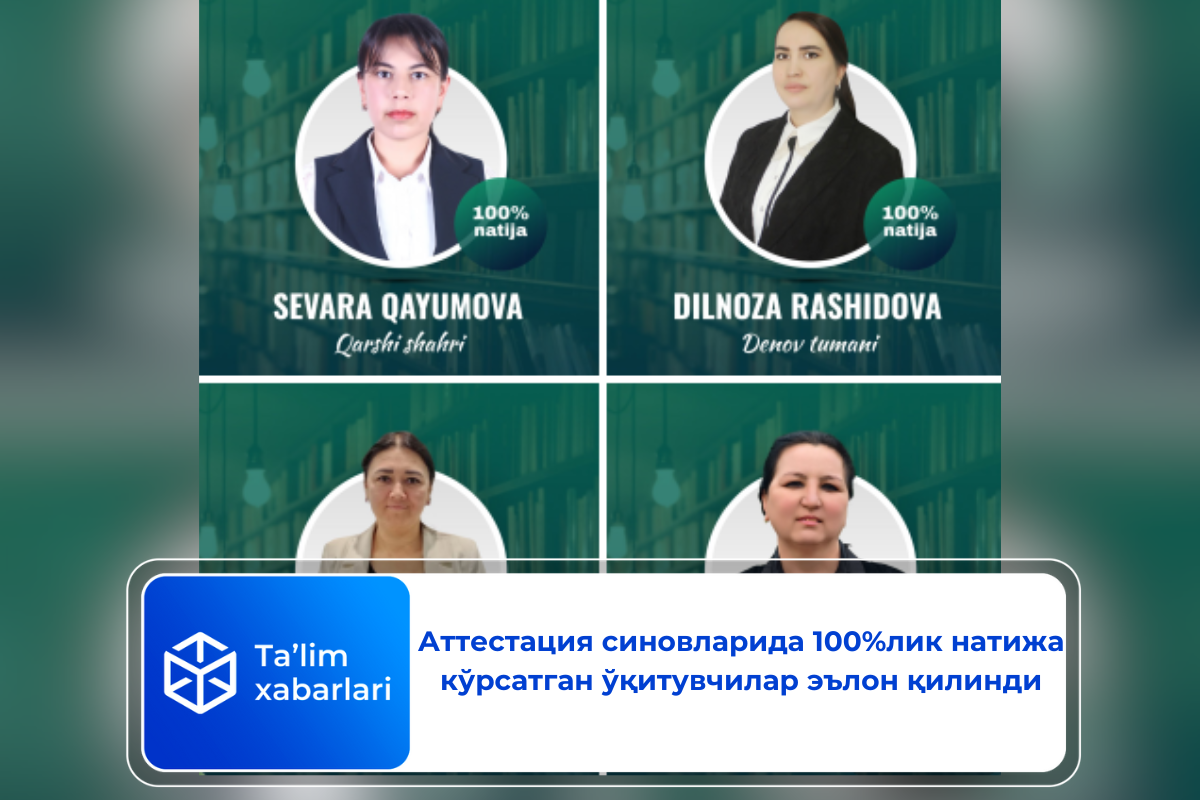 Аттестация синовларида 100%лик натижа кўрсатган ўқитувчилар эълон қилинди
