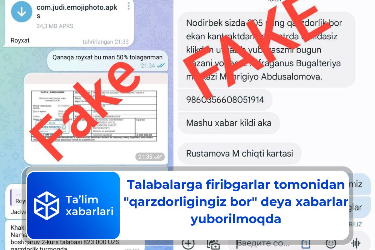 Talabalarga firibgarlar tomonidan «qarzdorligingiz bor» deya xabarlar yuborilmoqda