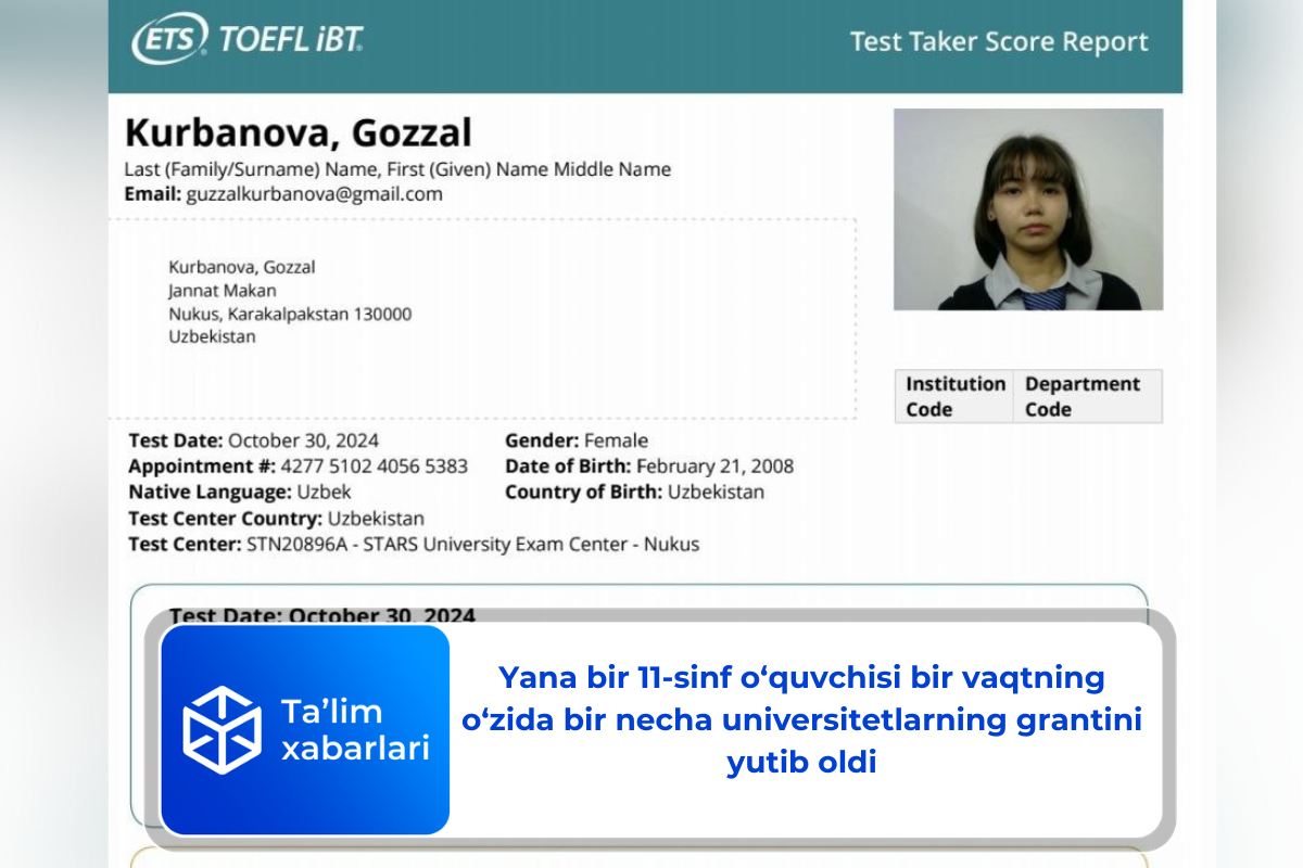 Yana bir 11-sinf o‘quvchisi bir vaqtning o‘zida bir necha universitetlarning grantini yutib oldi