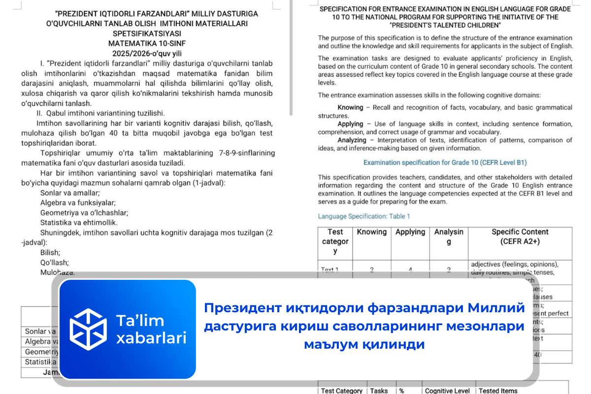 Президент иқтидорли фарзандлари Миллий дастурига кириш саволларининг мезонлари маълум қилинди