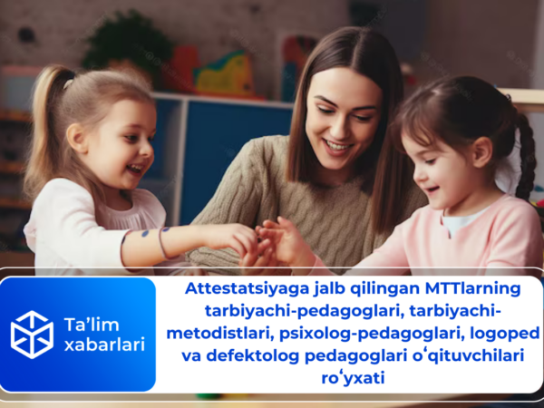 Attestatsiyaga jalb qilingan MTTlarning tarbiyachi-pedagoglari, tarbiyachi-metodistlari, psixolog-pedagoglari, logoped va defektolog pedagoglari oʻqituvchilari roʻyxati