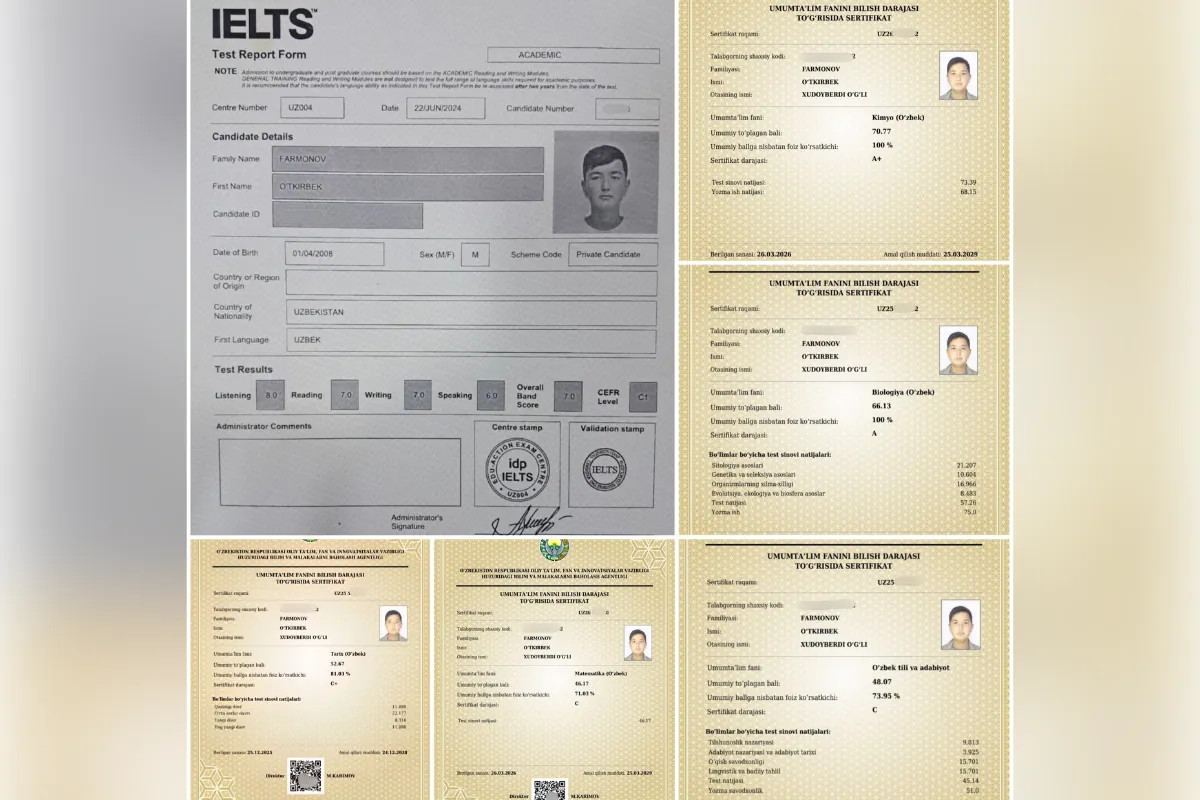 5 ta milliy sertifikat va IELTS 7.0: surxondaryolik yana bir o‘quvchi muddatidan oldin talaba bo‘ldi