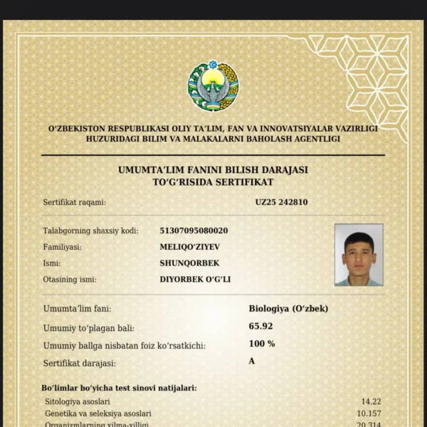 Андижонлик 11-синф ўқувчи йигит муддатидан олдин 189 балл билан давлат грантини нақд қилди