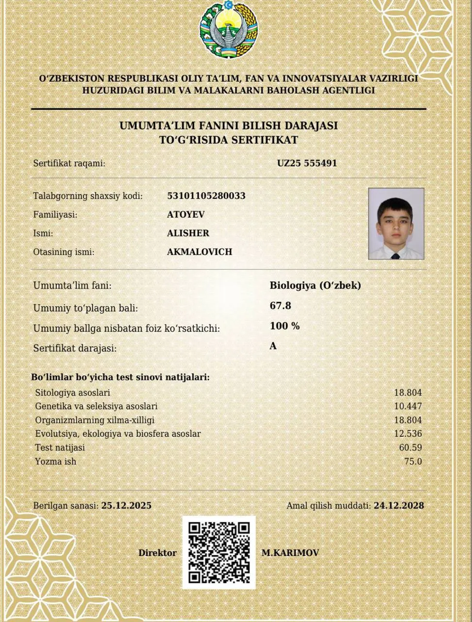 “Bir kunda 11 soatlab dars qilgan paytlarim boʻlgan” — Buxoroda 10-sinf oʻquvchi muddatidan oldin 178 ballni qoʻlga kiritdi