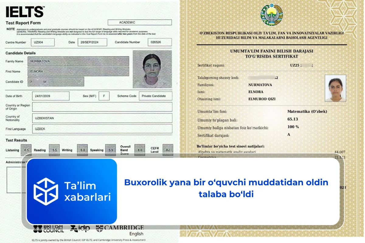 Buxorolik yana bir o‘quvchi muddatidan oldin talaba bo‘ldi