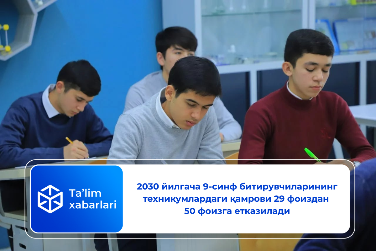 2030 йилгача 9-синф битирувчиларининг техникумлардаги қамрови 29 фоиздан 50 фоизга етказилади