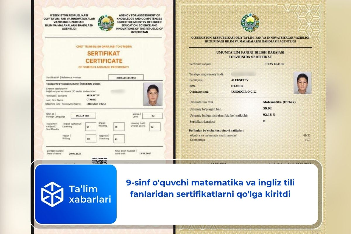 9-sinf o‘quvchi matematika va ingliz tili fanlaridan sertifikatlarni qo‘lga kiritdi