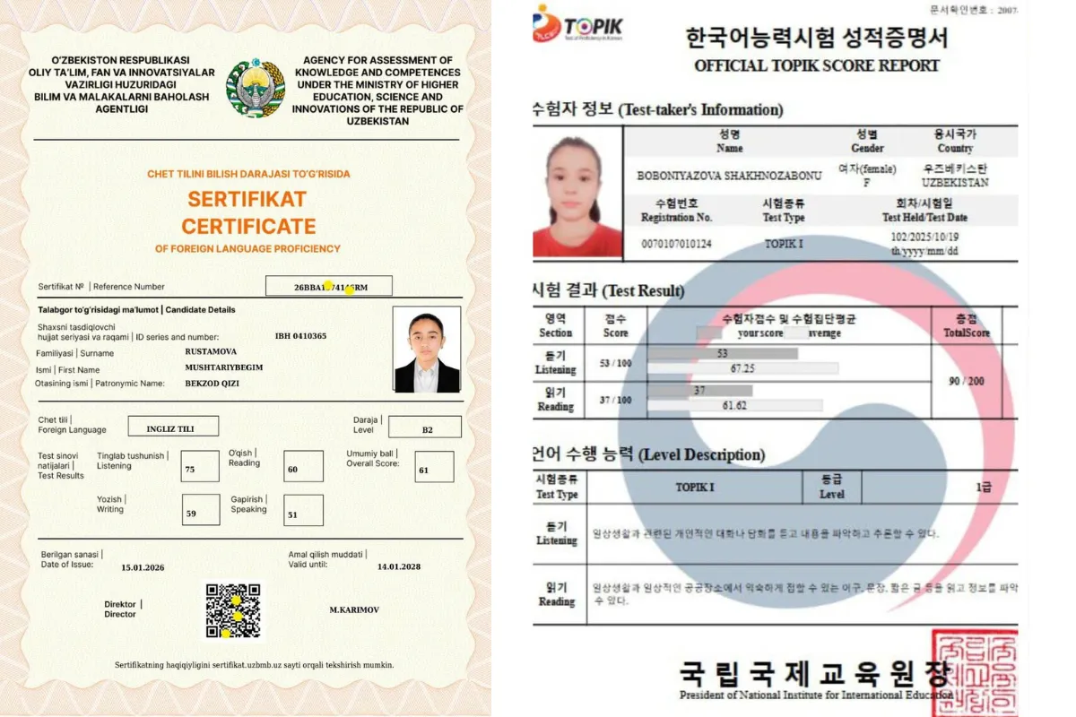 Яна икки нафар 6-синф ўқувчиси ТОPIK ва CEFR B2 сертификатларини қўлга киритди