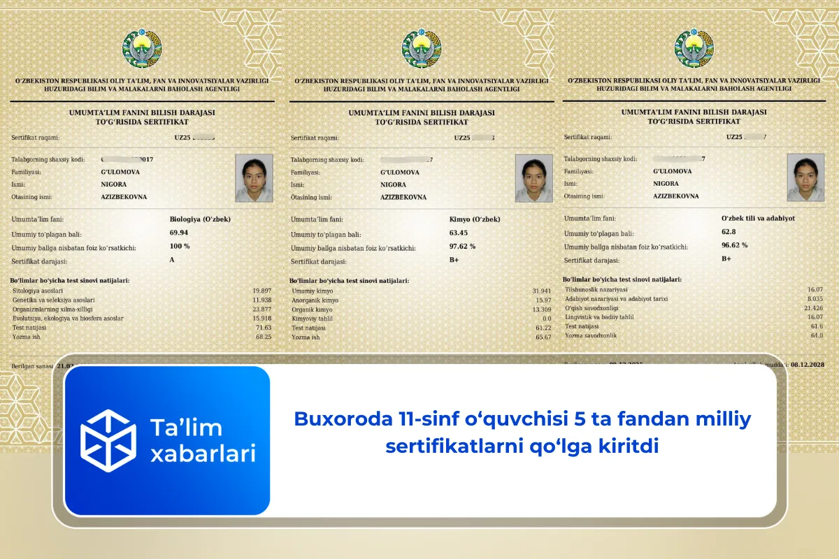 Buxoroda 11-sinf o‘quvchisi 5 ta fandan milliy sertifikatlarni qo‘lga kiritdi