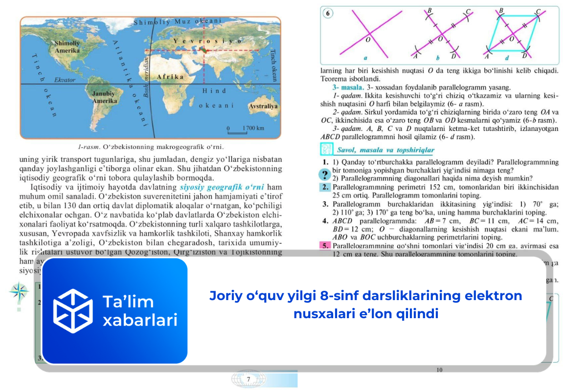 Joriy o‘quv yilgi 8-sinf darsliklarining elektron nusxalari e’lon qilindi