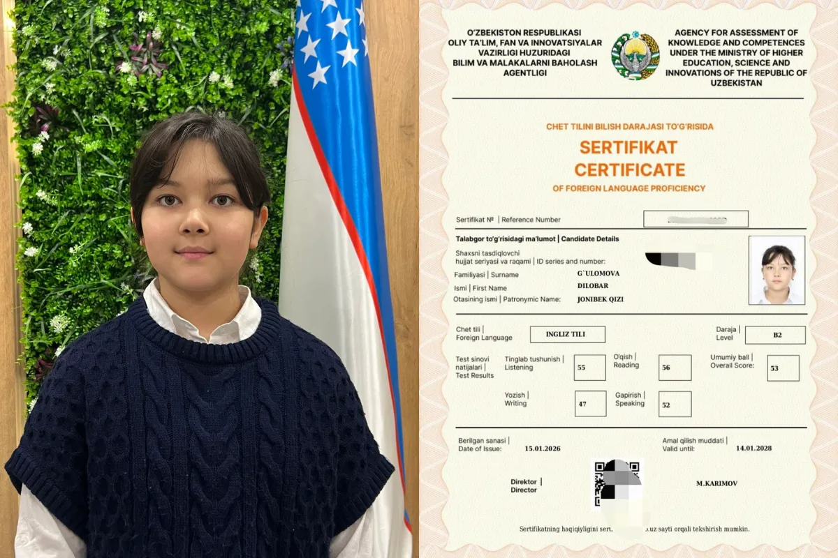 Яна бир 5-синф ўқувчи CEFR B2 даражали сертификатни қўлга киритди