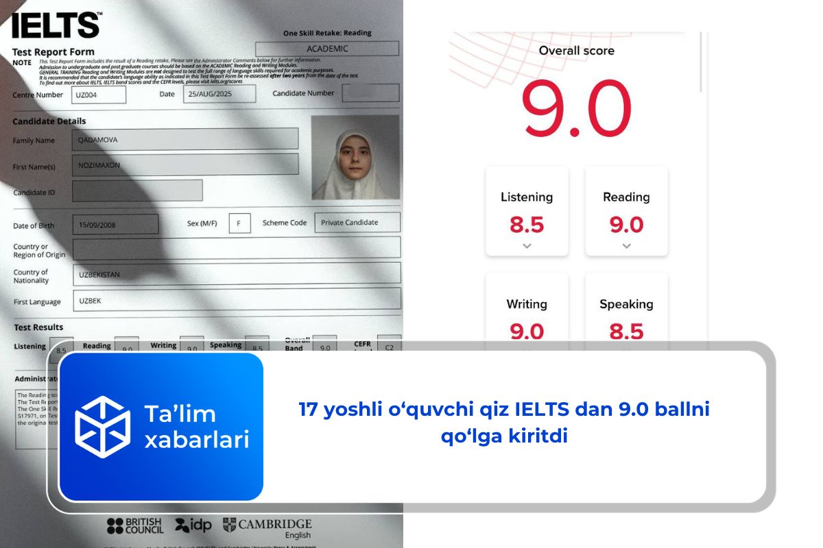17 yoshli o‘quvchi qiz IELTS dan 9.0 ballni qo‘lga kiritdi