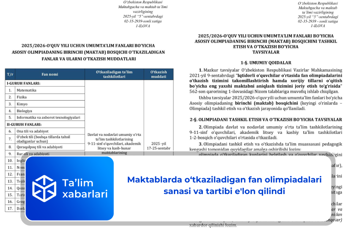 Maktablarda o‘tkaziladigan fan olimpiadalari sanasi va tartibi e’lon qilindi