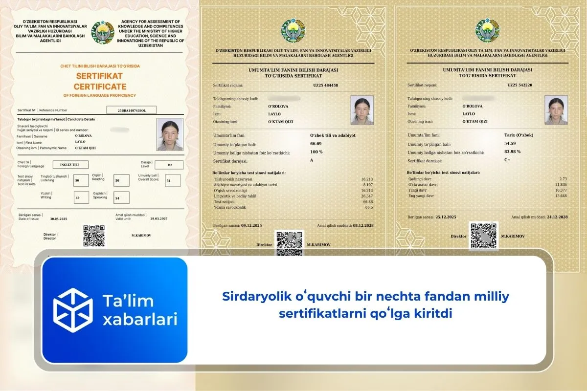 Sirdaryolik oʻquvchi bir nechta fandan milliy sertifikatlarni qoʻlga kiritdi