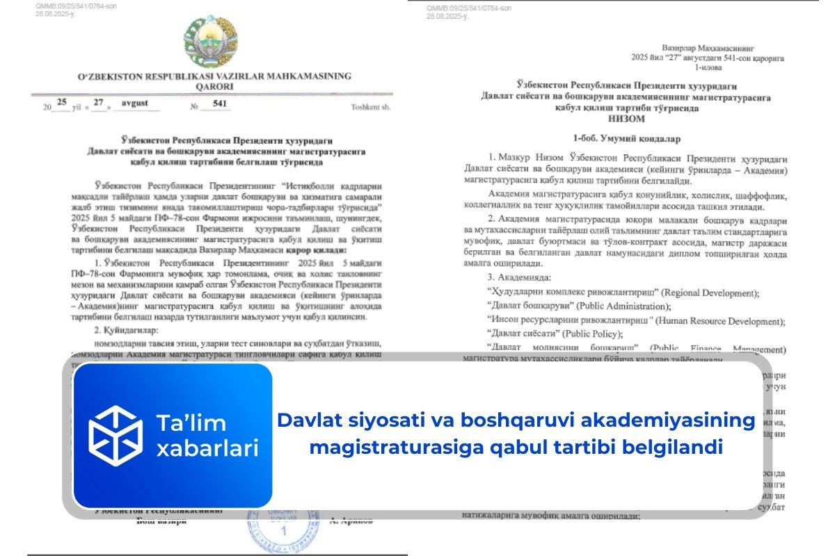Davlat siyosati va boshqaruvi akademiyasining magistraturasiga qabul tartibi belgilandi