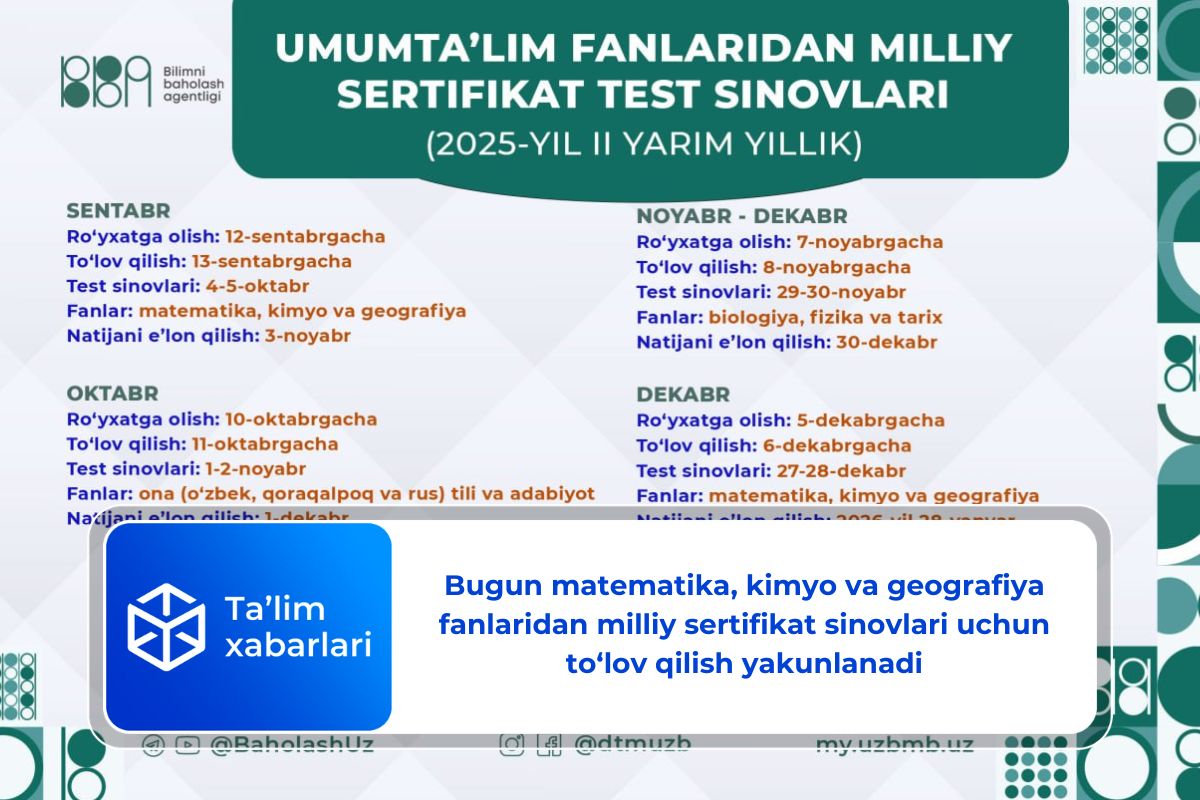 Bugun matematika, kimyo va geografiya fanlaridan milliy sertifikat sinovlari uchun to‘lov qilish yakunlanadi