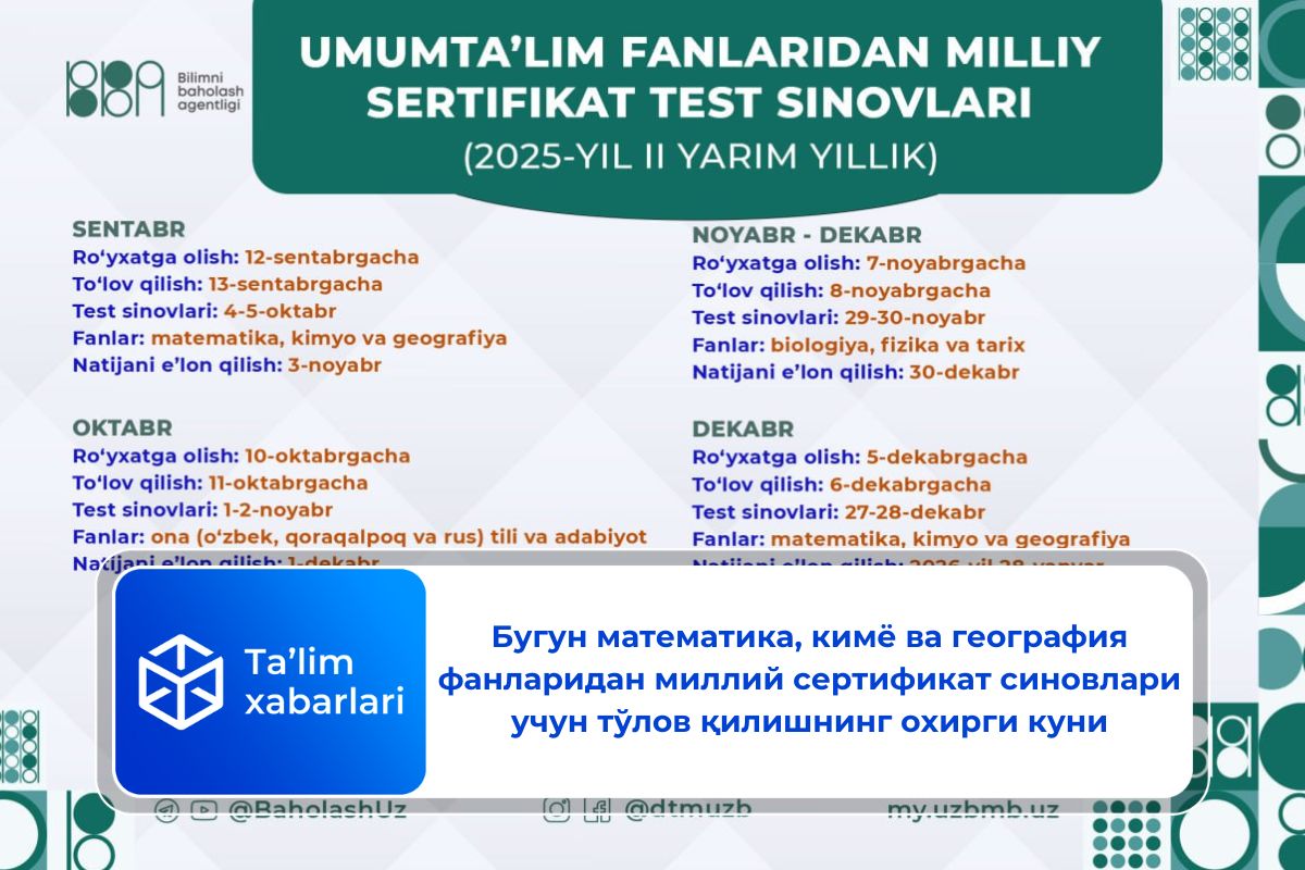 Бугун математика, кимё ва география фанларидан миллий сертификат синовлари учун тўлов қилишнинг охирги куни