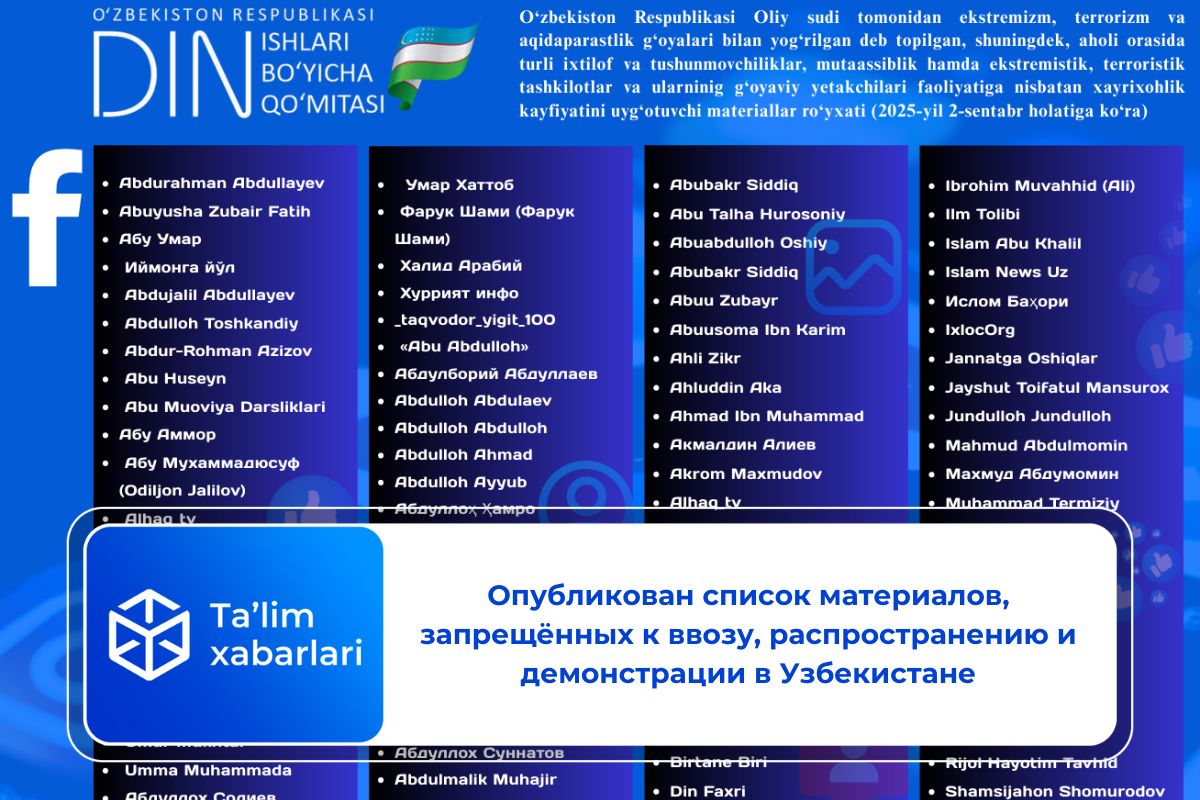 Опубликован список материалов, запрещённых к ввозу, распространению и демонстрации в Узбекистане