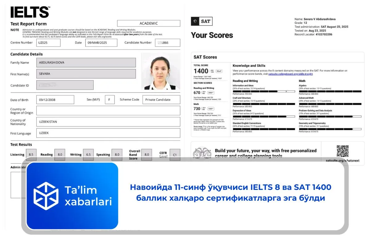 Навоийда 11-синф ўқувчиси IELTS 8 ва SАТ 1400 баллик халқаро сертификатларга эга бўлди