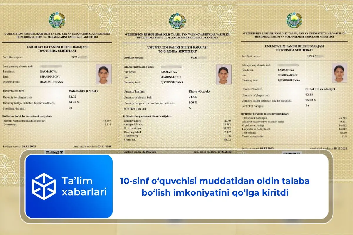 10-sinf o‘quvchisi muddatidan oldin talaba bo‘lish imkoniyatini qo‘lga kiritdi