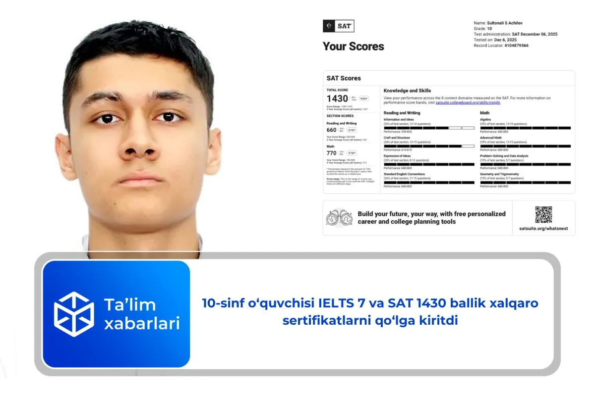10-sinf o‘quvchisi IELTS 7 va SAT 1430 ballik xalqaro sertifikatlarni qo‘lga kiritdi