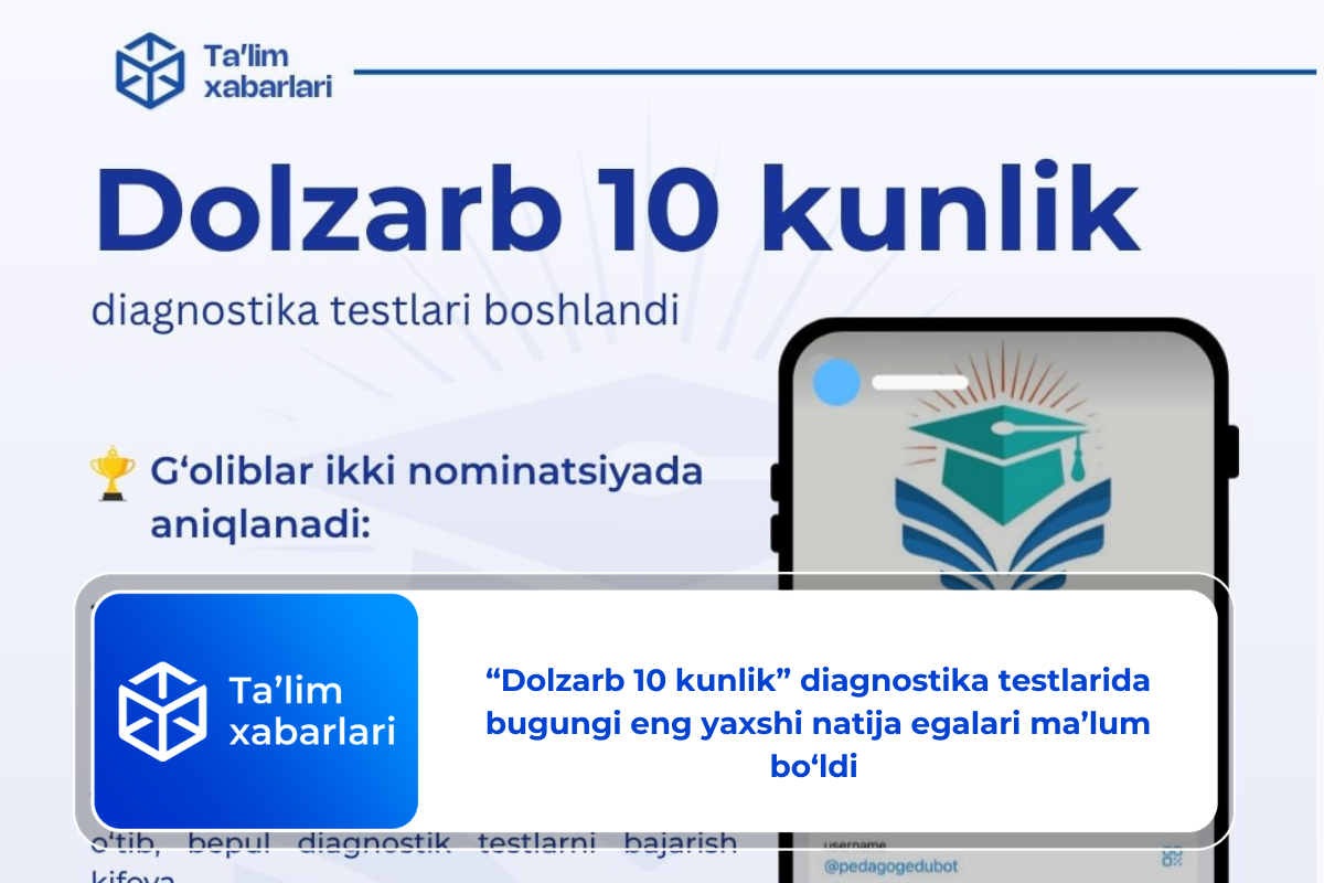 “Dolzarb 10 kunlik” diagnostika testlarida bugungi eng yaxshi natija egalari ma’lum bo‘ldi