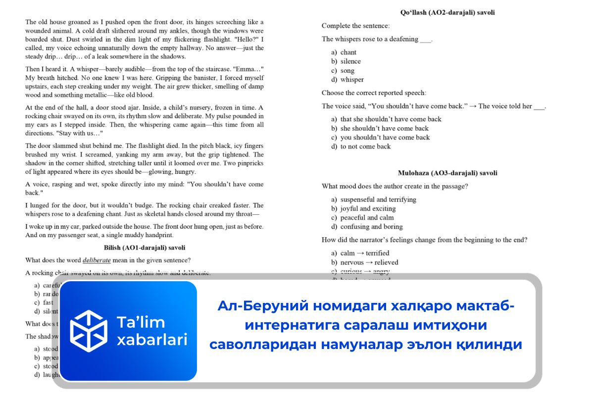 Ал-Беруний номидаги халқаро мактаб-интернатига саралаш имтиҳони саволларидан намуналар эълон қилинди