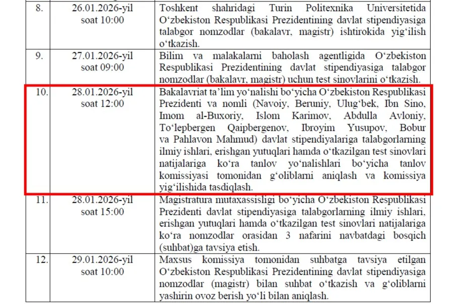 Nomli davlat stipendiyalari natijalari qachon e’lon qilinadi? Vazirlik izoh berdi