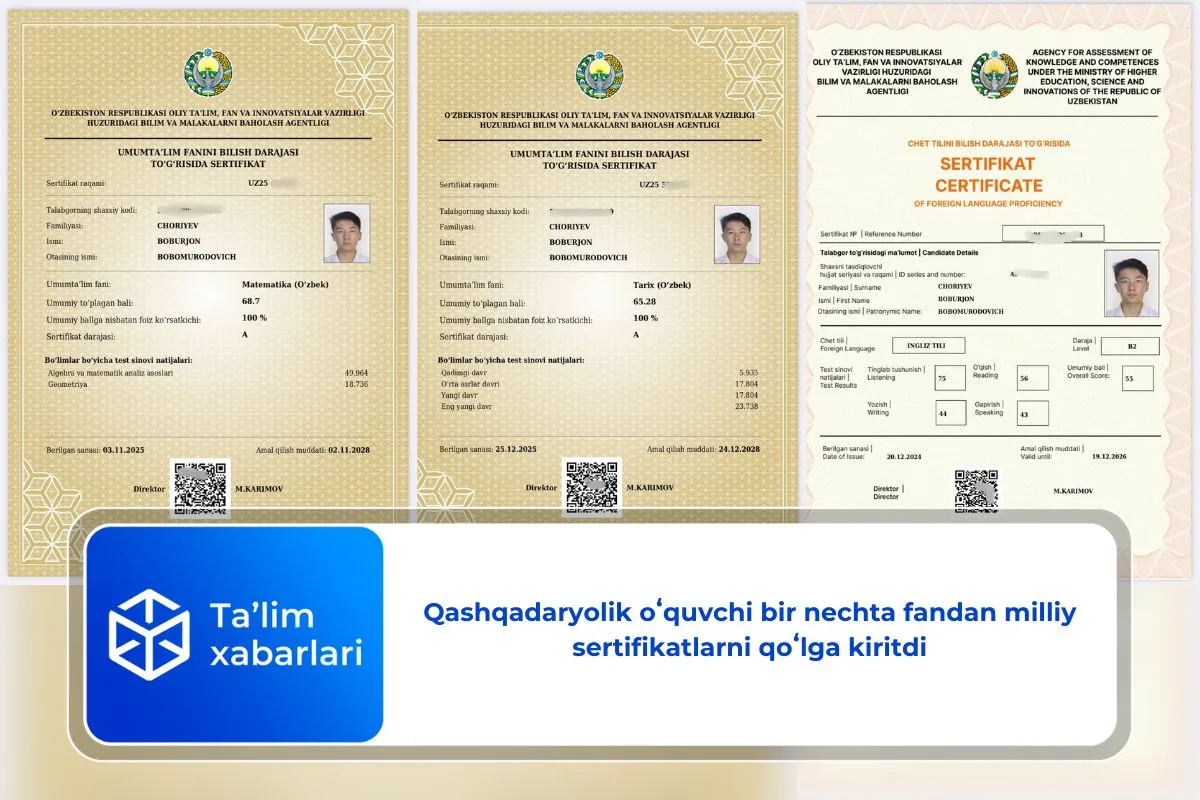 Qashqadaryolik oʻquvchi bir nechta fandan milliy sertifikatlarni qoʻlga kiritdi