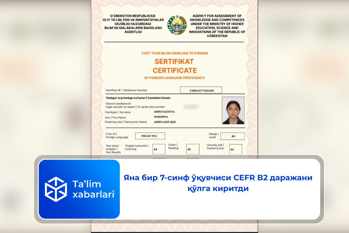 Яна бир 7-синф ўқувчиси CEFR B2 даражани қўлга киритди