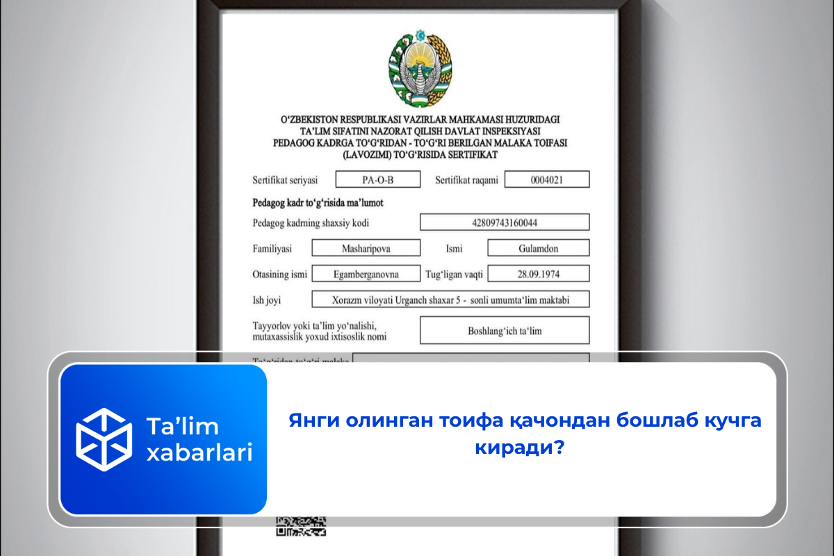 Янги олинган тоифа қачондан бошлаб кучга киради?