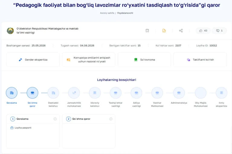 Pedagogik faoliyat bilan bogʻliq lavozimlar roʻyxati toʻgʻrisidagi qaror loyihasi muhokamaga qo‘yildi