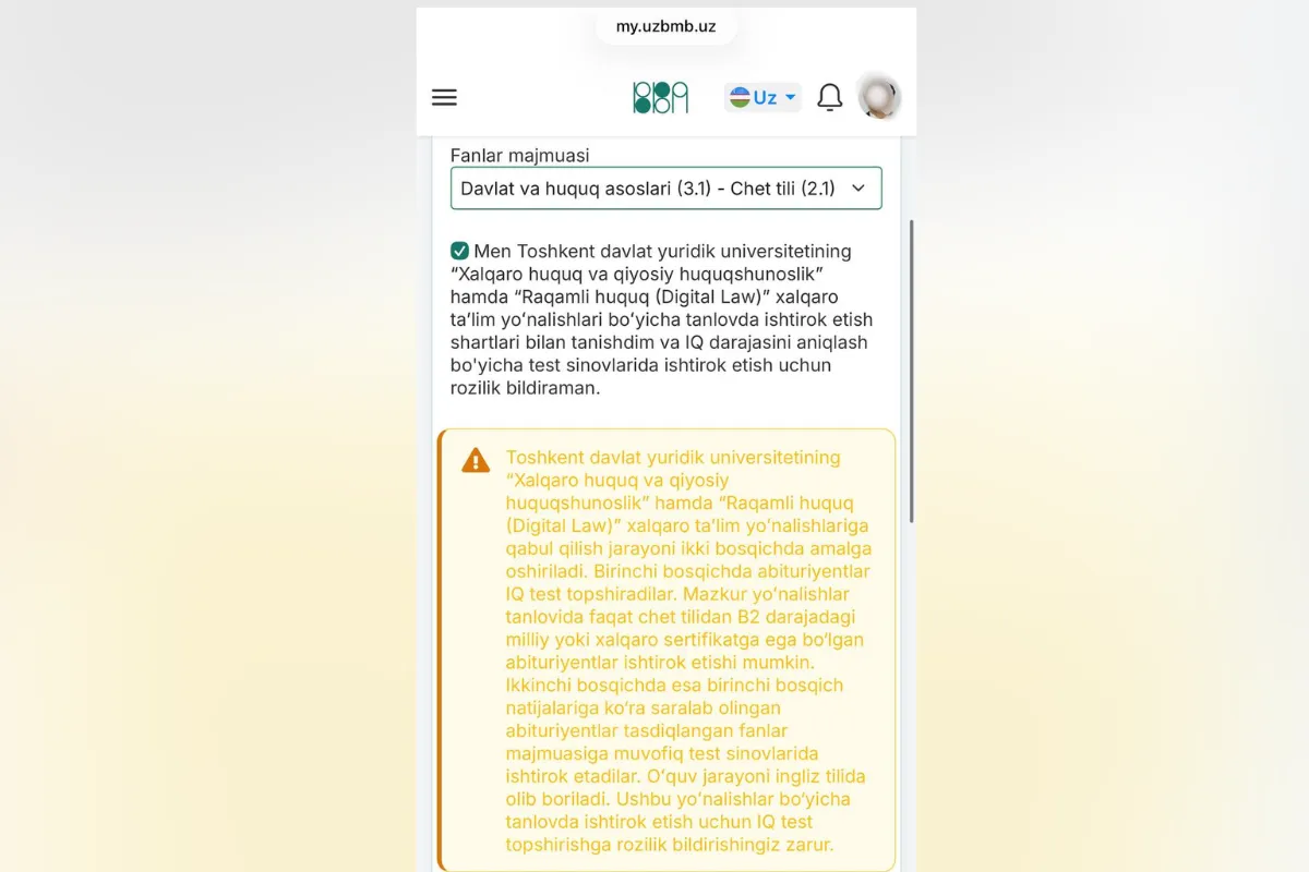TDYUning ikki yo‘nalishiga qabulda B2 sertifikat va IQ test talab etiladi