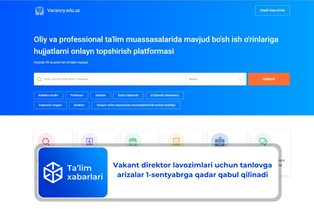 Vakant direktor lavozimlari uchun tanlovga arizalar 1-sentyabrga qadar qabul qilinadi