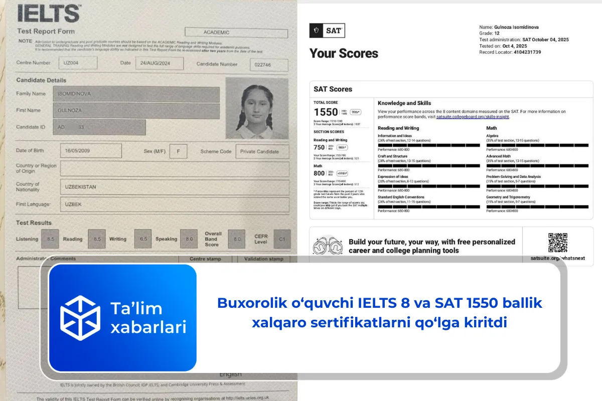 Buxorolik o‘quvchi IELTS 8 va SAT 1550 ballik xalqaro sertifikatlarni qo‘lga kiritdi