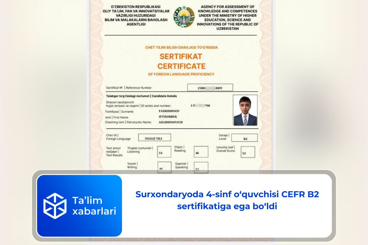 Surxondaryoda 4-sinf o‘quvchisi CEFR B2 sertifikatiga ega bo‘ldi