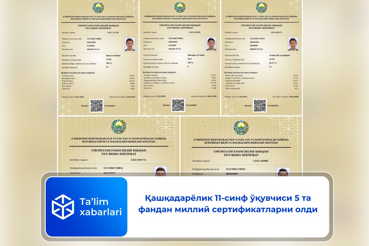 Қашқадарёлик 11-синф ўқувчиси 5 та фандан миллий сертификатларни олди