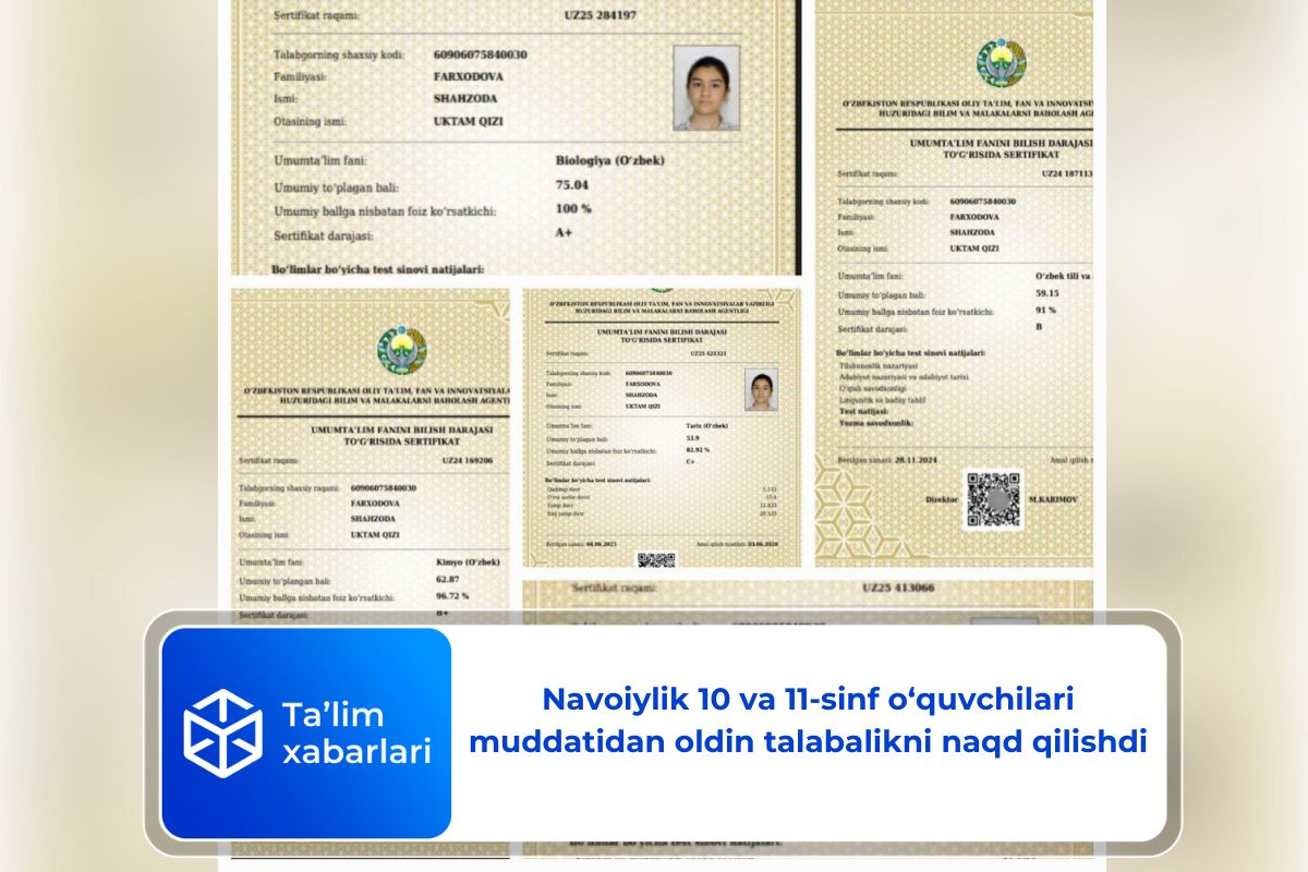 Navoiylik 10 va 11-sinf o‘quvchilari muddatidan oldin talabalikni naqd qilishdi