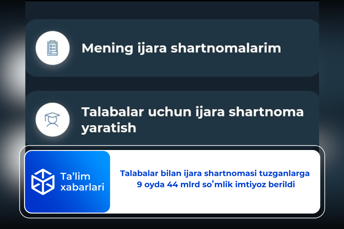 Talabalar bilan ijara shartnomasi tuzganlarga 9 oyda 44 mlrd soʻmlik imtiyoz berildi