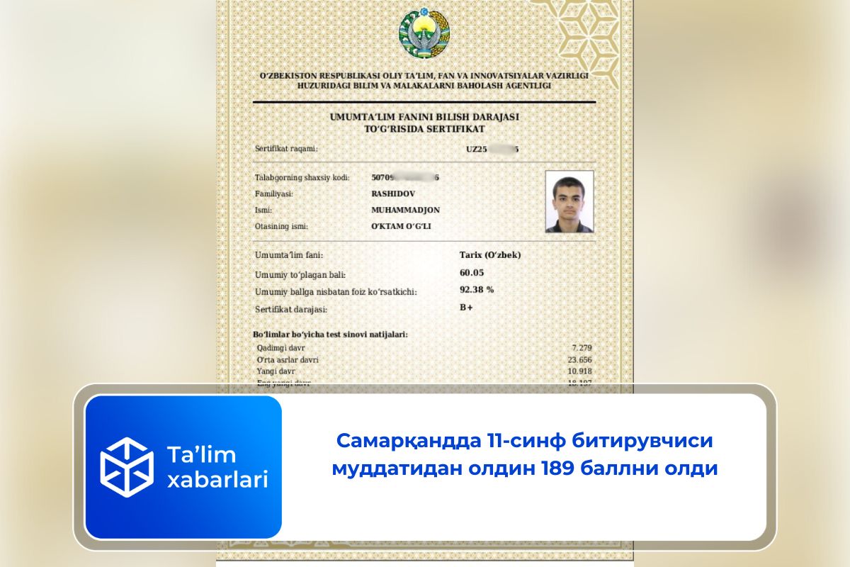 Самарқандда 11-синф битирувчиси муддатидан олдин 189 баллни олди